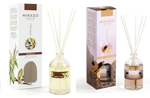 PCMOVILES Mikado Ambientador VAINILLA Y MISTERIOSO PALO SANTO 100 ml – Pack de 2 Unidades – Aroma Fresco y Natural – Difusor de Varillas para Casa, Oficina y Armario