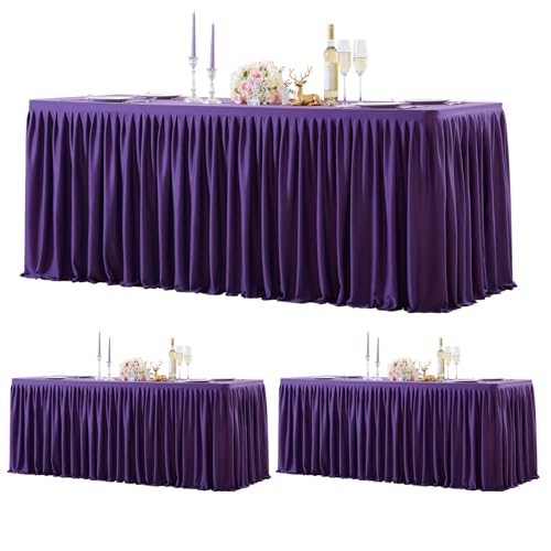 Wish Care 3 Pack Dark Purple Polyester Table Clothes for 6 Foot Rectangle Tables, Wrinkle Free Fitted Table Cover with Pleated Ruffle Table Skirt for Party Baby Shower Wedding Birthday Event Display