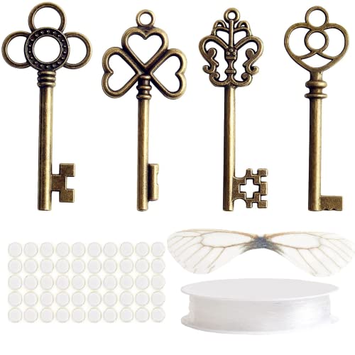 32 Stück Vintage Master Key Flying Key Charm mit 32 Paar Libellenflügeln und 25 m elastischer Kristallkordel für die DIY-Schmuckherstellung, Hochzeitsfeier, Geschenk, Raumdekoration Cover
