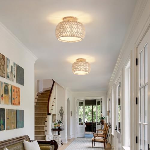 Boho Rattan Ceiling Light Fixture - 3 Style Options Wicker Semi Flush Mount Ceiling Lights,Beige Coastal Light Fixtures,Bohemian Woven Basket Chandelier for Hallway Bedroom Nursery Kitchen Laundry by Luafac - Used condition - Image 6