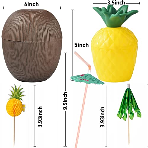 Haundry 18 Coconut Pineapple Cups With 18 Straws, 18 Cocktail Drink Picks, Hawaiian Luau Tiki And Beach Theme Party Decorations For Kids And Adults #TOP1