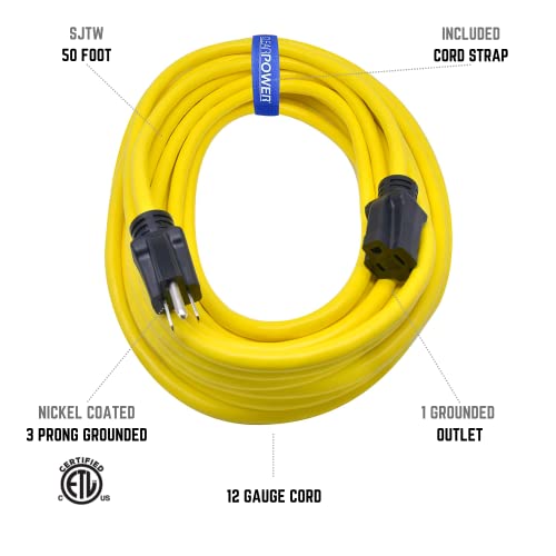 Clear Power 50 Ft 12/3 Sjtw Heavy Duty Outdoor Extension Cord , Water, Weather & Kink Resistant, Flame Retardant, Yellow, 3 Prong Grounded Plug, Cp10145 #TOP1