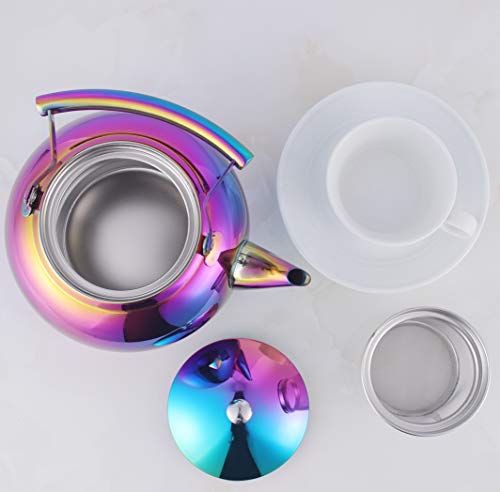 Beautiful Tea Kettle with Infuser for Loose Leaf Tea Stainless Steel Hot Water Boling Coffee Tea pots Strainer Tea Maker Steeper Induction Gas Stovetop Safe Rainbow 2 Quart 68 Ounce - Thumbnail 6