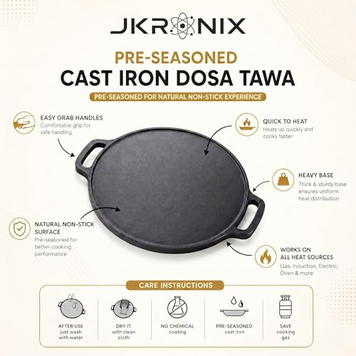 Image of Pre-Seasoned Cast Iron Dosa Tawa with Handle, 30 cm, Naturally Non-Stick Cookware for Roti, Chapati, Chilla & Uttapam, Heavy Duty Griddle, Gas Stove & Induction Compatible (Normal)