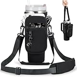 BULKITEM Water Bottle Carrier Bag with Phone Pocket for Black Stanley 40 oz Tumbler with Handle, Black Insulated Neoprene Cup Holder Pouch Strap for Valentines Stanley Cup Accessories