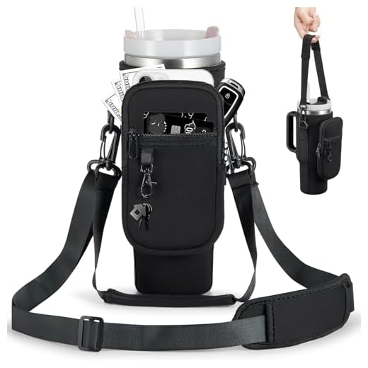 BULKITEM Water Bottle Carrier Bag with Phone Pocket for Black Stanley 40 oz Tumbler with Handle, Black Insulated Neoprene Cup Holder Pouch Strap for Valentines Stanley Cup Accessories