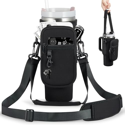 Image of Water Bottle Carrier Bag with Phone Pocket for Black Stanley 40 oz Tumbler with Handle, Black Insulated Neoprene Cup Holder Pouch Strap for Valentines Stanley Cup Accessories
