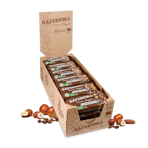 HAFERVOLL Organic Flapjack Cacoa Nib & Hazelnut, 18 x 60 g Müsliriegel - Bio-zertifiziert, mit Honig ohne Zusatz von Zucker, Hafer, im Ofen gebacken