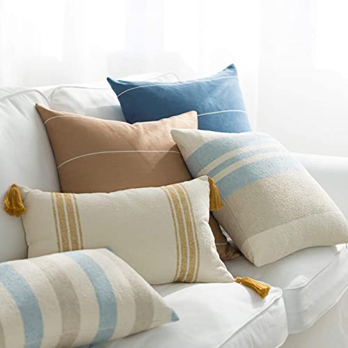 Hofdeco Beach Coastal Decorative Lumbar Pillow Cover Only For Couch, Sofa, Or Bed, Light Blue Tan Taupe Woven Stripe, 12"X20" #TOP5