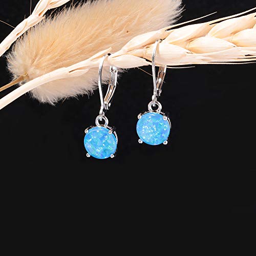 Cinily Round-Cut Opal Dangle Earrings, Blue Fire Opal Rhodium Plated Women Girls Jewelry Leverback Gemstone Drop Earrings #TOP3