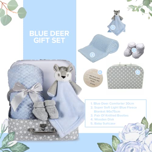 Baby Boy Gift Set New Born Baby Gift Baby Blue Deer Fawn Security Blanket Soft Fleece, Suitcase Keepsake Box Blanket Booties & Baby Gift Basket – Unique Present For Baby Shower & Newborn Lovey Welcome #TOP1