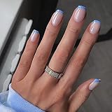 MERVF Short Press on Nails Square French Fake Nails Blue Tip Squoval Acrylic Nails Glossy 24pcs Fals
