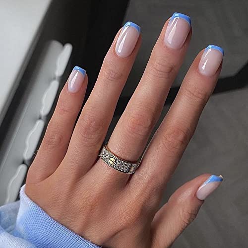 Mervf Short Press On Nails Square French Fake Nails Blue Tip Squoval Acrylic Nails Glossy 24Pcs False Nails For Women And Girls #TOP6