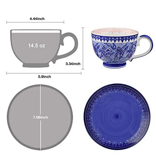 Taimei Teatime Ceramic Coffee Cup And Saucer Set, 14.5 Oz Large Jumbo Coffee Mug And Plate Set In British Rural Style With Handpainted Floral Pattern, Teacup And Saucer Set For One, Blue #TOP2