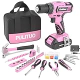 PULITUO 20V Pink Cordless Lithium-ion Drill Driver and Home Tool Set, Household Tools Set with DIY Drill Driver for Women, Home Hand Repair Basic Toolbox Tools Sets Drills Case.