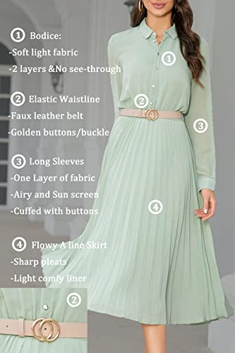 Image of Business Casual Shirt Dress for Women Long Sleeves Pleated Midi Dresses with Belt