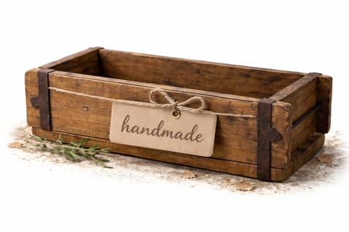 MC-Trend Boîte en bois unique en forme de brique avec ferrures métalliques marron en vieux bois 32 cm - Boîte de rangement rustique aspect usé style maison...