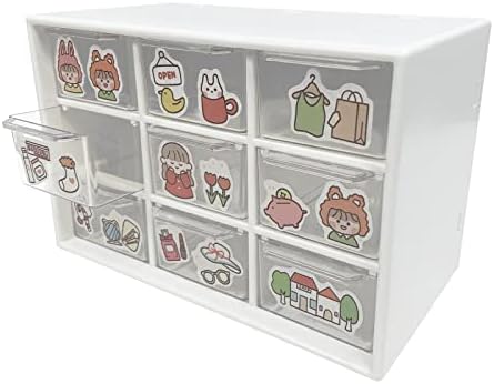 HMIEPRS Small Plastic Desktop Storage Boxes with Transparent Drawer, 3 Layer 9 Drawers Art Craft Organizer with Cute Sticker Suitable to Store Cosmetics Jewelry Craft Stationery for Girl Women (White)
