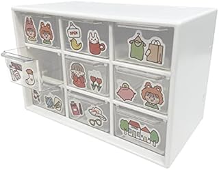HMIEPRS Small Plastic Desktop Storage Boxes with Transparent Drawer, 3 Layer 9 Drawers Art Craft Organizer with Cute Sticker Suitable to Store Cosmetics Jewelry Craft Stationery for Girl Women (White)