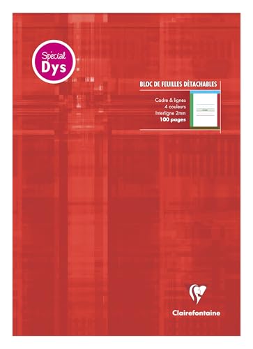 Clairefontaine 6128C - Bloc écriture spécial Dys encollé 21x29,7cm 100 pages détach. cadre & lignes 4 couleurs Interligne 2 mm