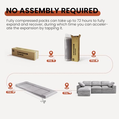 KKL 150\" Sectional Modular Boneless Sofa Bed, 8 Seater Oversized Cloud Couch with Ottoman, Corduroy Sectional Couches for Living Room Bedroom, Grey