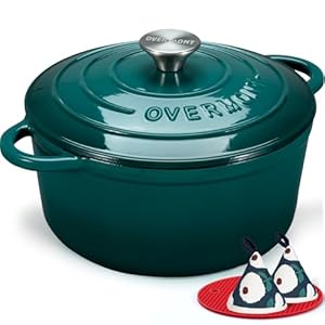 Overmont Casseruola in Ghisa Smaltata – Antiaderente Forno Olandese con Coperchio – Ø26 CM Rotonda Cocotte per Adatto a Piani di Cottura e Forni a Induzione – Lago-blu
