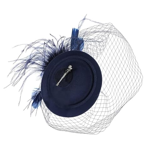 Women\'s 20s 50s Mesh Veil Feather Pillbox Fascinator Hat for Wedding Tea Party Kentucky Durby Funeral Fascinators with Headband and Clip Navy Blue - Thumbnail 3