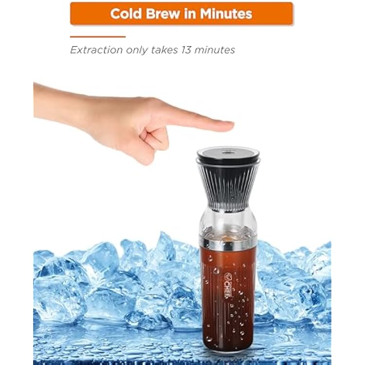 COMMERCIAL CHEF Quick Cold Brew Coffee Maker, Battery Powered Coffee Maker with Fast Extraction, USB Rechargeable Portable Cold Coffee Machine Maker with 14 Oz. Jar with Lid