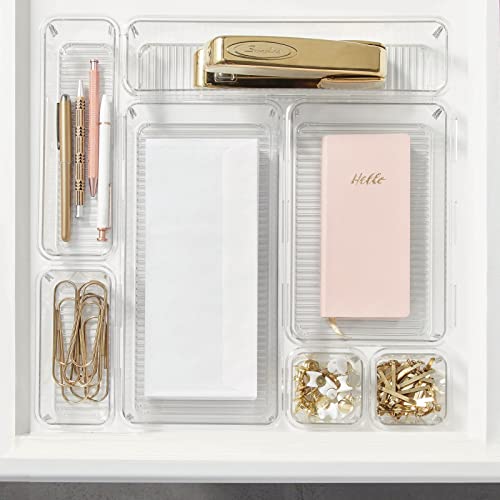 Mdesign Plastic Interlocking Modular Desk Drawer Organizer Bins For Storing Office Supplies, Pencils, Pens, Scissors, Tape, Markers, Highlighters, Sticky Notes, Glue Sticks, 7 Piece Set - Clear #TOP2