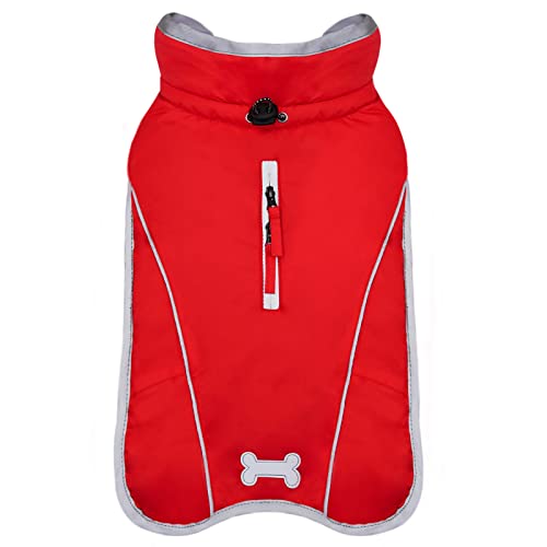 Kyeese Large Dog Jackets Dog Winter Coat Windproof Warm Fleece Lined With Reflective Strip Dog Clothes Dog Cold Weather Coats Waterproof With Zipper Harness Hole Size Adjustable Red #TOP21