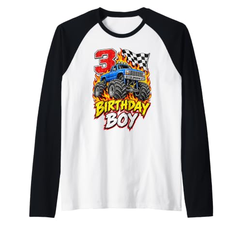 Birthday Monster Truck 3 Year Old Boys 3rd Party Kids Cool Manche Raglan