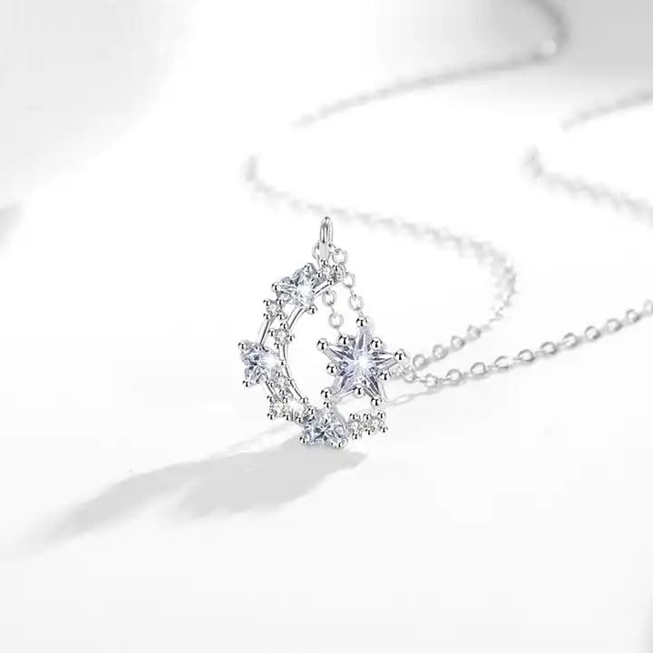 Heart Syndrome 925 Sterling Silver RoundCut Moon Star Necklace white color - Image 4