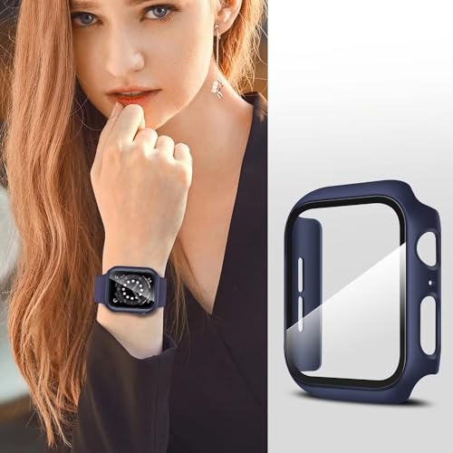 Image of VEMIGON Hard PC Case Compatible with Apple Watch SE3 /SE2 /SE /Series 6 /5 /4 44mm with Tempered Glass Screen Protector, Overall Protection Slim Bumper Cover for iWatch - (44mm Dark Blue)