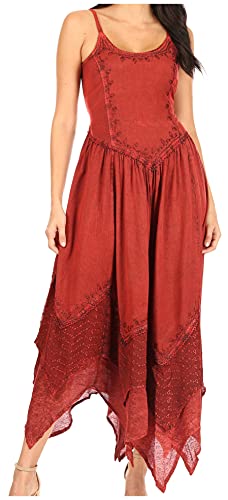 Sakkas Rayon Embroidered Stonewashed Adjustable Spaghetti Straps Long Dress - Burgandy - One Size