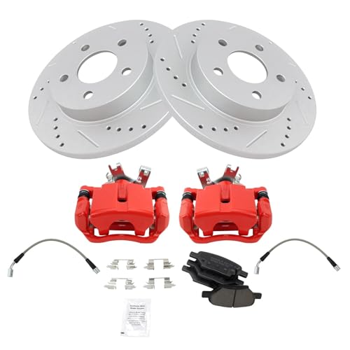 Image of TRQ Performance Rear Brake Pad and Rotor Set Ceramic Coated Drilled Slotted | For 2004-2012 Chevrolet Malibu 2005-2010 Pontiac G6 2007-2009 Saturn Aura