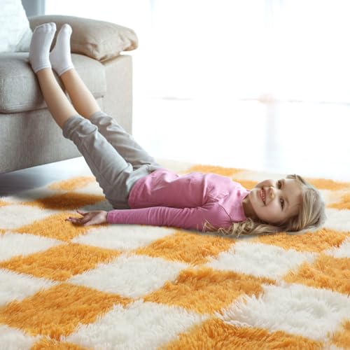 Image of KICMOR 8x10 Area Rugs for Living Room, Large Soft Fluffy Checkered Big Fuzzy Shag Shaggy Carpet for Bedroom, Orange and Cream White Plush Rug for Kids Boys Girls Dorm Nursery Home Decor Aesthetic