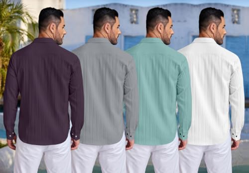 Image of FINIVO FASHION Combo of Men's Casual Cotton Plain Button Down Shirt Long Sleeve Textured Summer Beach Shirt for Men Pack of 4