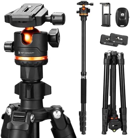 K&F CONCEPT Kamerastativ, Schwarz-orange, 192cm | Handy-Stativ mit Handyhalterung, Tripod für unterwegs, Aluminium Reisestativ, Modell O275A5+BH-36