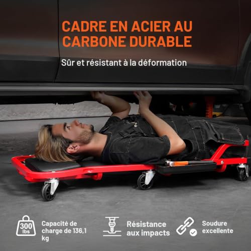 VEVOR Chariot de Visite 109,5 cm, Chariot de Mécanicien Charge 136,1 kg, Cadre en Acier, avec 6 roulettes, Appui-tête Rembourré Réglable, Plateau à Outils, pour Garage, Atelier, Réparation Automobile – vue 3