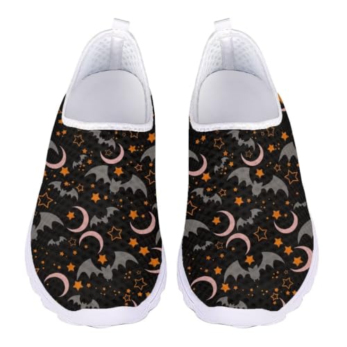 Coloranimal Halloween Moon Bat Womens Walking Shoes Slip-on Mesh Shors Sneakers Halloween Theme Breathable Tennis Shoes Mesh Footwear Sports Tranier