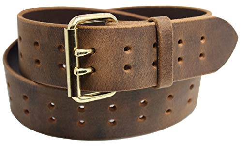 Construction Grade, Two Prong, Heavy Duty, Full Grain Leather Work Belt, 2” Wide, Made in USA (Distressed Brown, Brass Buckle, 48" (Waist 46))