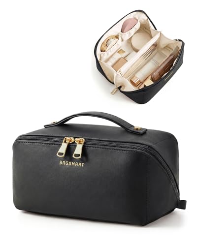 BAGSMART Makeup Bag Travel Cosmetic Bag, Large Make Up Bag Flat Open Toiletry Bag for Women, PU Leather Travel Essentials Organizer Case, Wide-open Pouch Purse for Skincare, Brushes, Coffee Brown