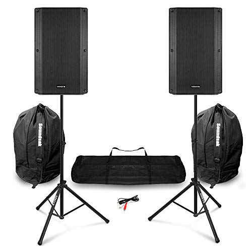 VONYX VSA120S 12 Active DJ Speakers Pair with Stands, Bags, Cable, 800W Powered Speaker System, Bluetooth, USB MP3, Guitar & Mic Inputs, Adjustable Bass and Treble Controls