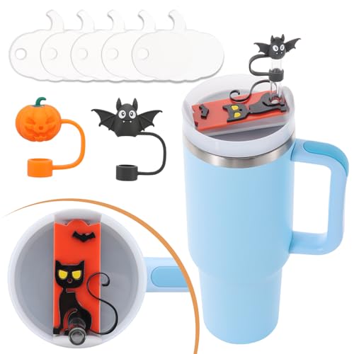 Halloween Black Cat Name Plate for Stanley 40 Oz Tumbler Lid with 5pcs Clear Acrylic Pumpkin Personalized Nametag Blank Nameplate 2pcs 10mm Straw Cover Toppers Halloween Stanley Cup Accessories Decors