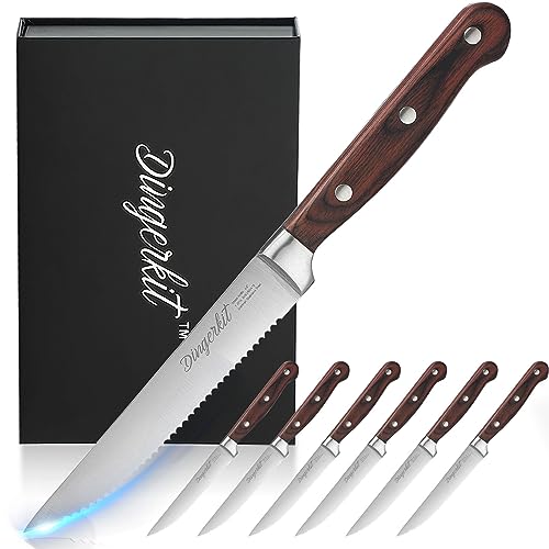 Dingerkit Steak Knives Set of 6, German Stainless Steel Steak Knife Set with Pakkawood Handle, Professional Serrated Steak Knives for Dinner Knives with Gift Box, 4.5″