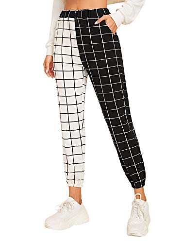 Wdirara Women's Two Tone Plaid Print Elastic Waist Fashion Straight Leg Pants Black And White S #TOP3