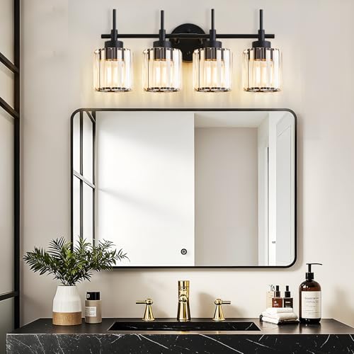 Image of EJIAXIN 4 Light Round Crystal Vanity Lights, Modern Black Crystal Wall Light Bath Mirror Light Fixture Over Mirror Bathroom Wall Sconces for Bathroom Living Room
