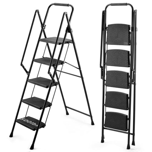 Image of 5 Step Ladder, Folding 5 Step Stool with Handrails, Sturdy Steel Ladder with Wide Pedal, Ladders for Home Kitchen Pantry Office, Lightweight Sturdy Steel Ladder for Adults Portable,Black