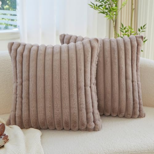 Sunday Praise Set of 2 Faux Fur Decorative Pillow Covers 18x18 Inch Taupe