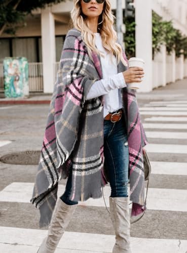 Image of Bestshe Women's Boho Open Front Poncho Plaid Shawl Wrap Cape | Tassel Cardigan Sweater, Cozy Layering, Fall Winter Clothes for Women